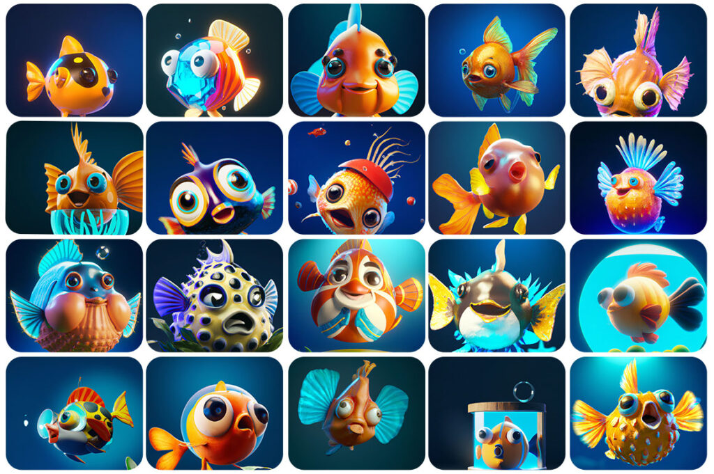 A collage of 20 Delightful Fish Images.