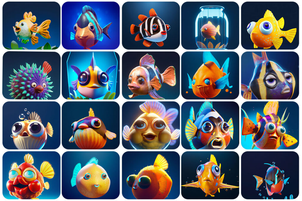 A collage of 20 cute fish types included in this bundle.