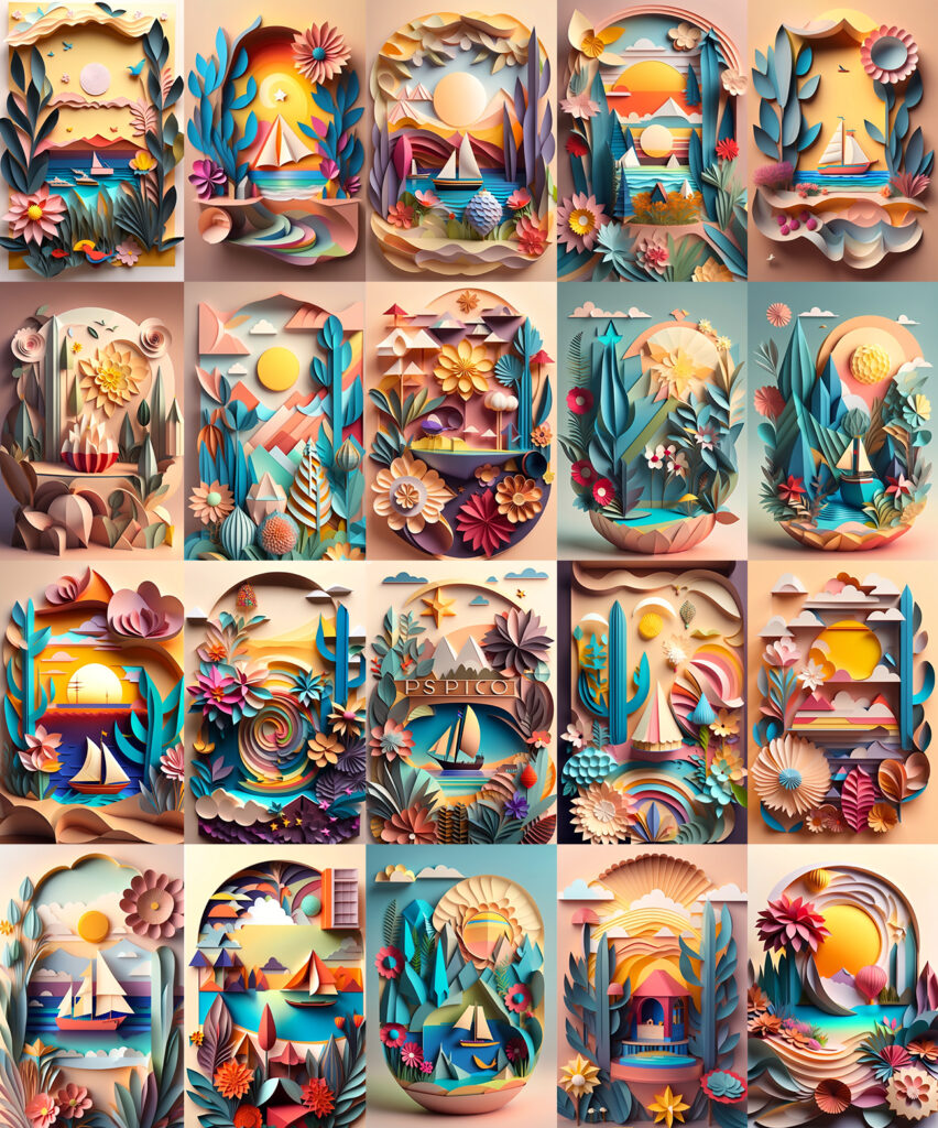 Collage of 20 Summer Paper Art Images - paper art illustration