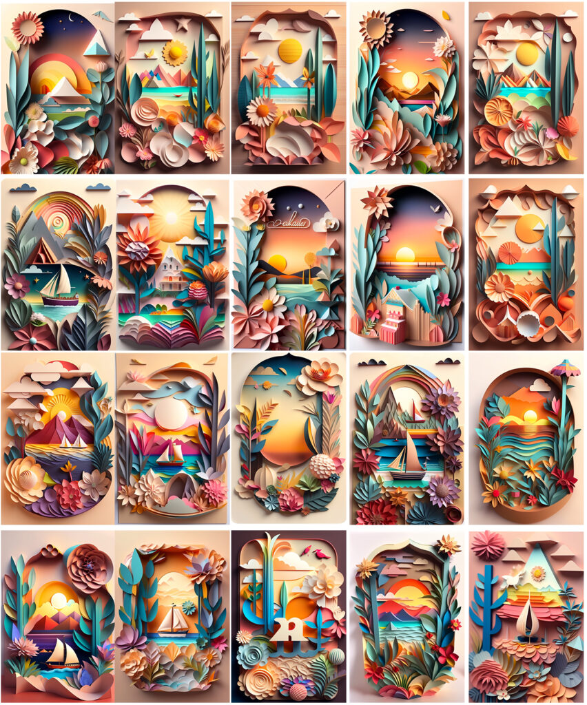 Collage of 20 Summer Paper Art Images - paper art illustration