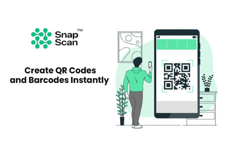 A graphical representation of a human being scanning a QR code from his mobile phone.