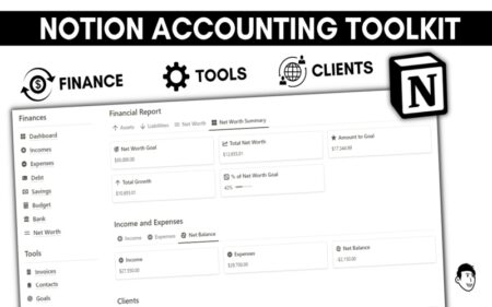 Image of NotionBooks, displaying the finances feature of the tool. This feature previews, the financial reports.