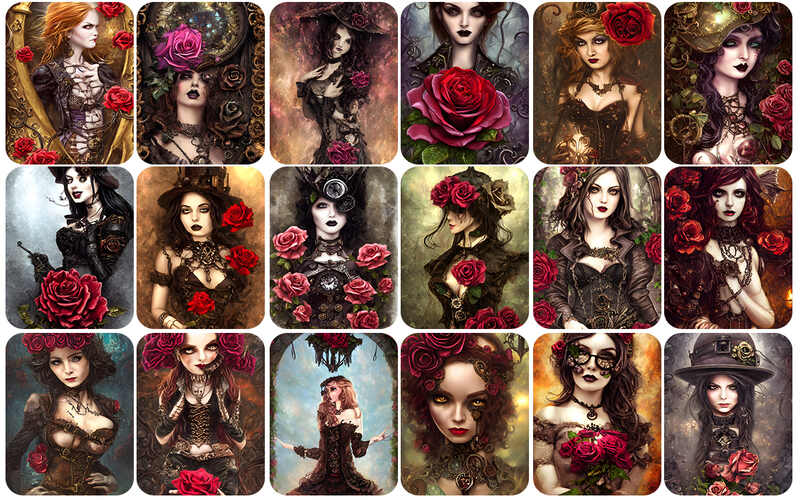 Carousal of gothic women in black dress and red roses - royalty free gothic images