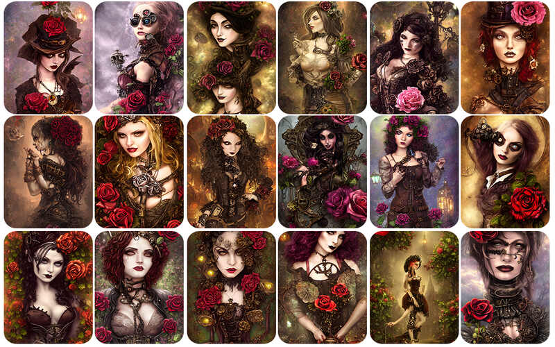 Carousal of gothic women with roses in their hair
