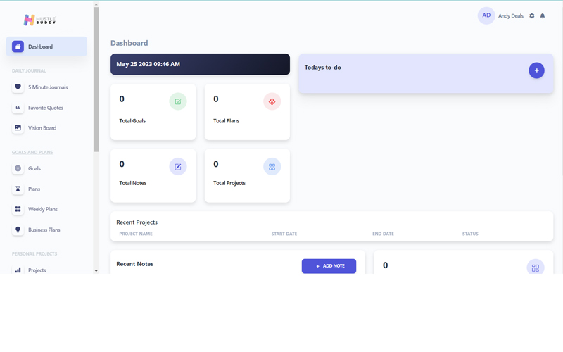 Hustle Buddy - project management tool Dashboard Preview - business planning software