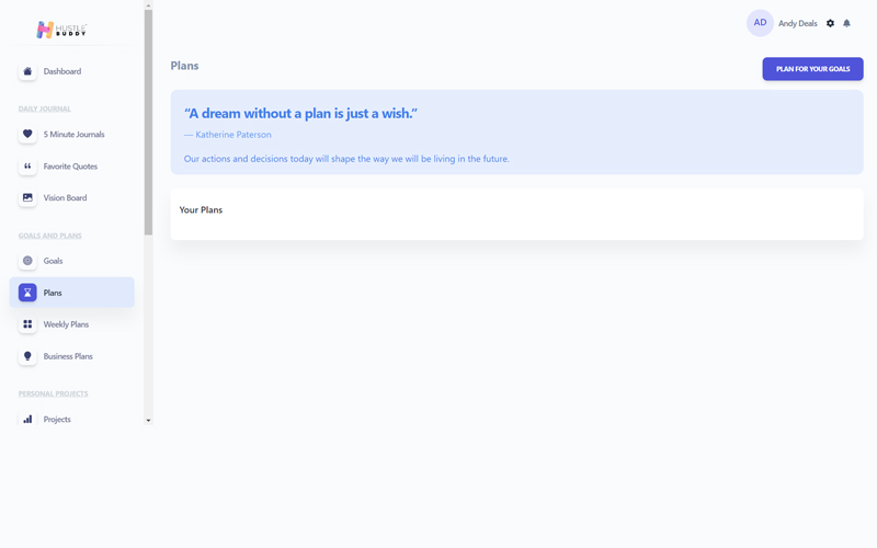 Plans Dashboard of Hustle Buddy - project management tool