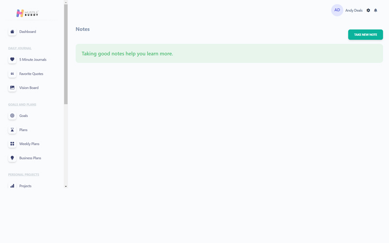Notes Tool to take notes on the go in Hustle Buddy - project management tool - business planning software