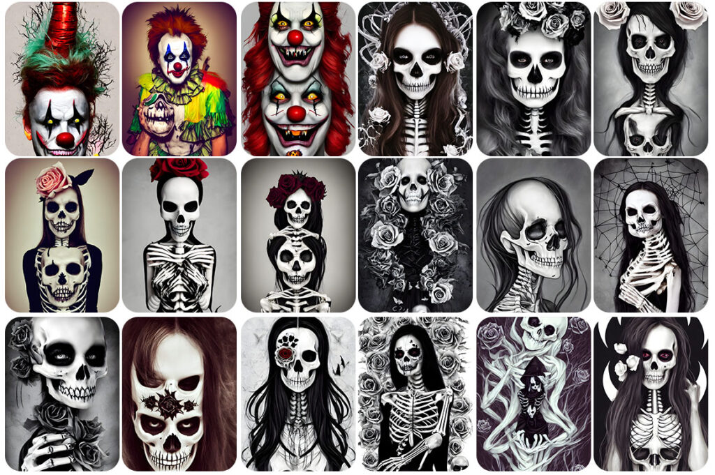 Collage of Colorful and Black & White Female Skulls - scary skull photos
