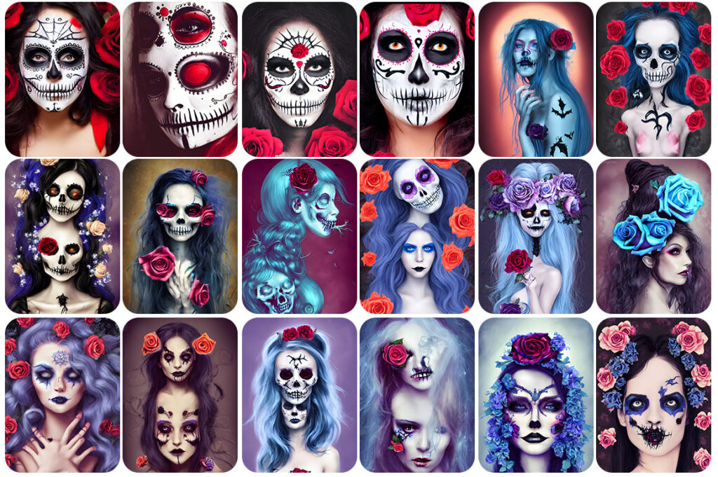 Collage of female skull design images - scary skull photos