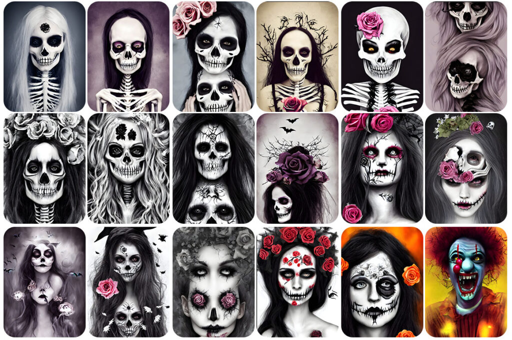 Creative and scary skull images in a collage