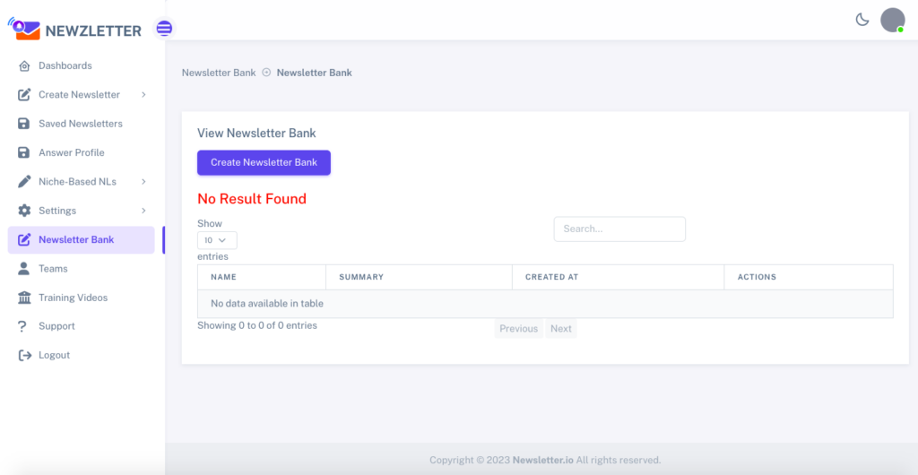 Newzletter - best email newsletter platform - Bank Page View UI