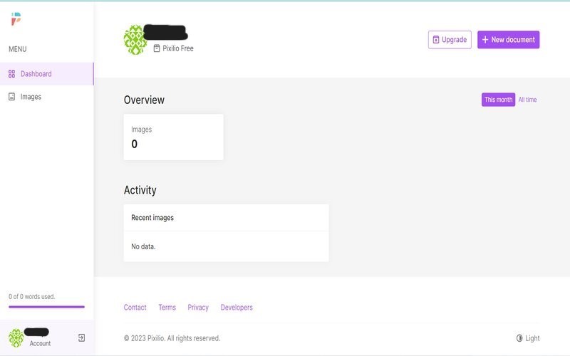Pixilio - ai image creation homepage dashboard displaying overview and menus