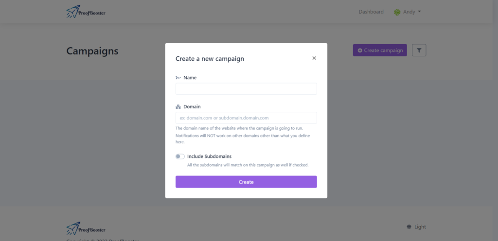 Campaigns creation user interface pf ProofBooster - Social Proof Tool