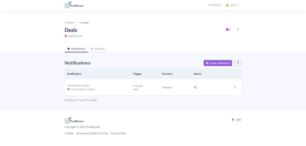 Conversion dashboard user interface in Proofbooster - social proof tool