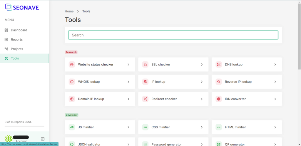 SEONAVE Tools Dashboard displaying various tools