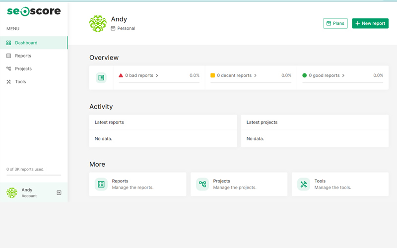 seo tool dashboard showcasing overview, activity and more