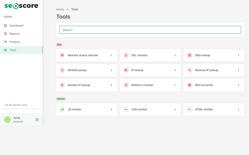 Tools Tab showcasing SSL checker tool, DNS lookup and more