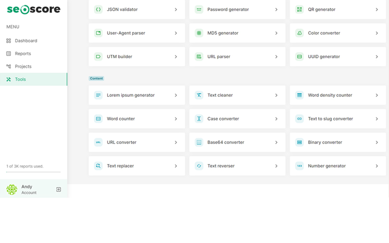 Tools Tab showcasing SEO tools like word density counter, text to slug converter and more