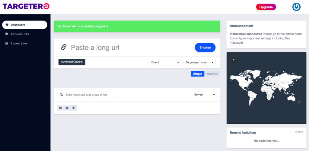 Targeter Pro - link tracker Dashboard displaying multiple functionalities and features of the product