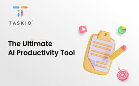Feature image displaying Graphical representation of a magnifier and a dashboard screen of Taskio.
