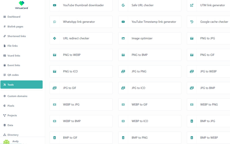 Virtuacard virtual business card maker Tools Dashboard 4