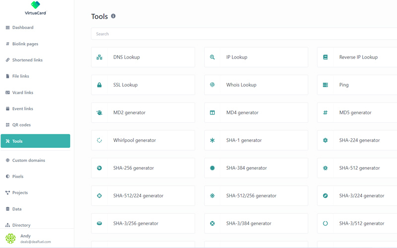 Customize business cards with Virtuacard Tools Dashboard 1