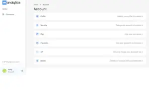 accounts dashboard chowcasing profile, security, plan and more Website Analytics Tool