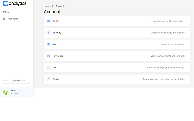 accounts dashboard chowcasing profile, security, plan and more