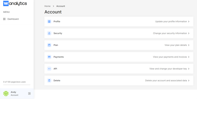 accounts dashboard chowcasing profile, security, plan and more Website Analytics Tool
