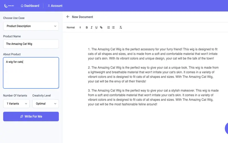 Content writing dashboard in action