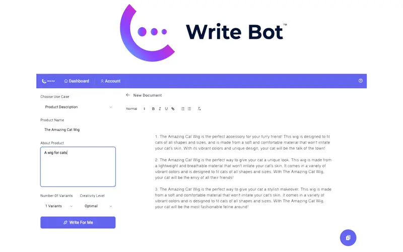 Write bot's content writing dashboard