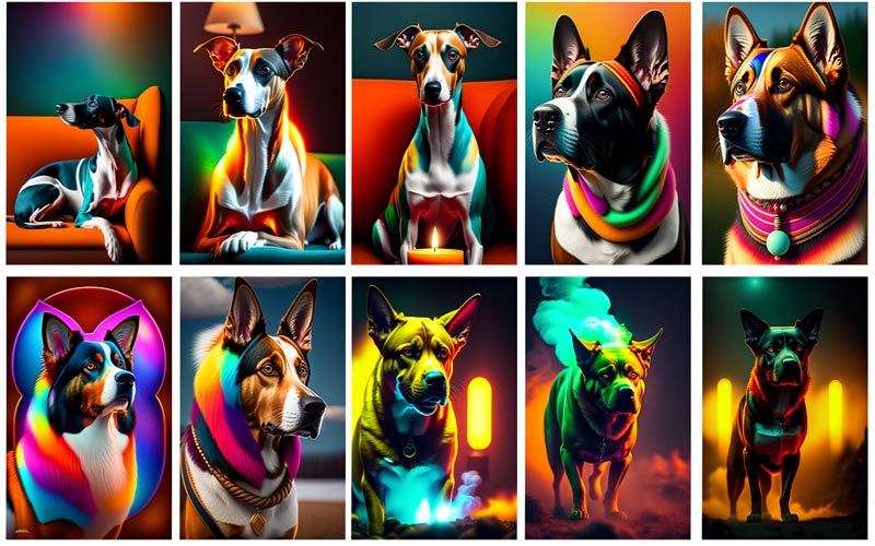 Collage of colorful illustrations of large dogs