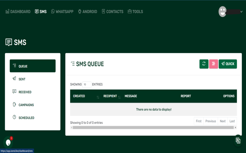 iSends SMS dashboard displaying SMS queue and SMS marketing tools