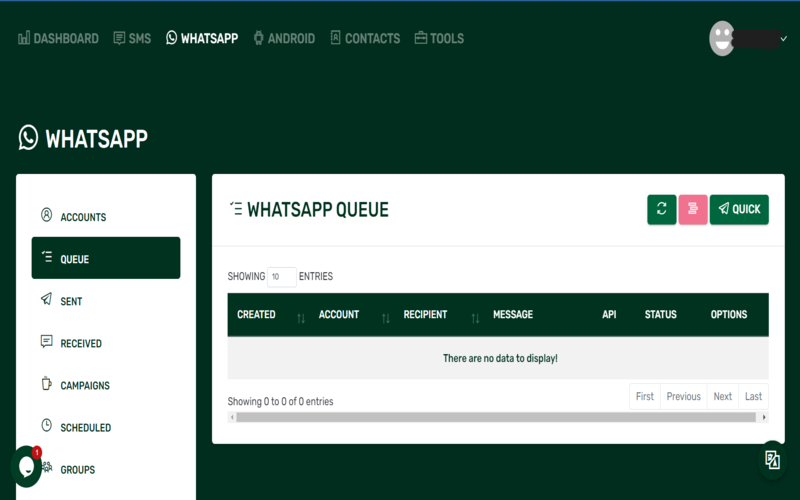 iSends WhatsApp dashboard displaying features and WhatsApp queue