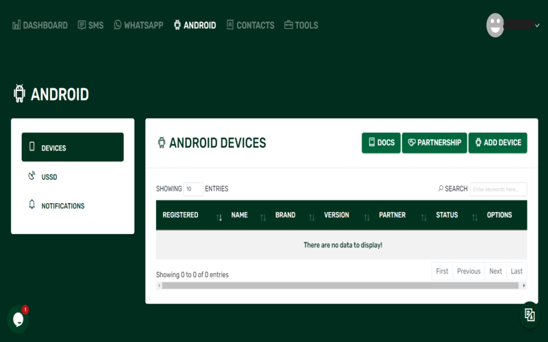 iSend's Android Feature's dashboard displaying android devices data