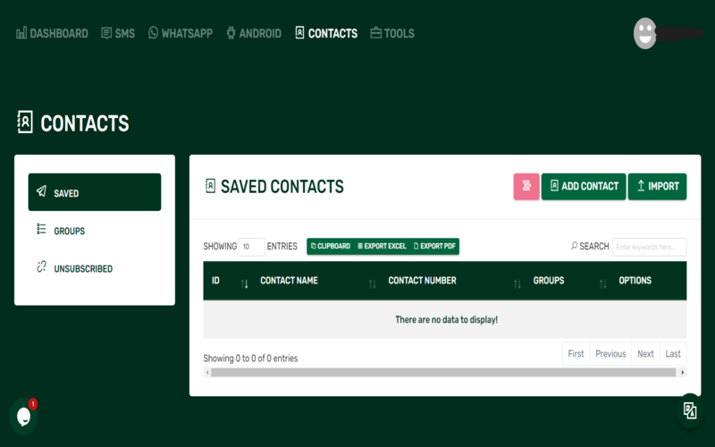 iSend's contacts dashboard showcasing data in list view