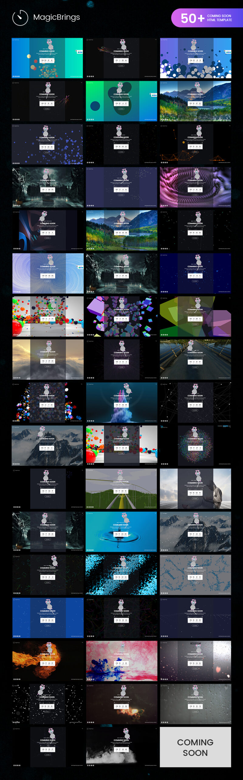 This image is a collage of all the templates available in the 50+ magic coming soon HTML template -coming soon page template html