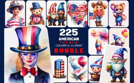 Feature image of 225 American -Themed Colorful Clipart PNG images Bundle