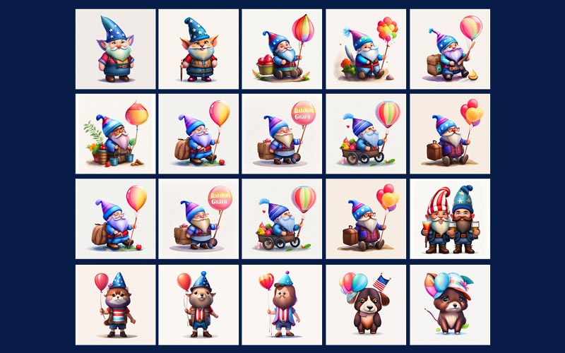 A collage of cute lawn gnomes and puppies in clipart