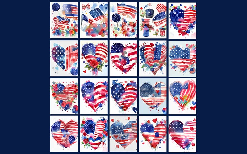 A collage of heart shapes filled with the American flag in a beautiful paintings form.