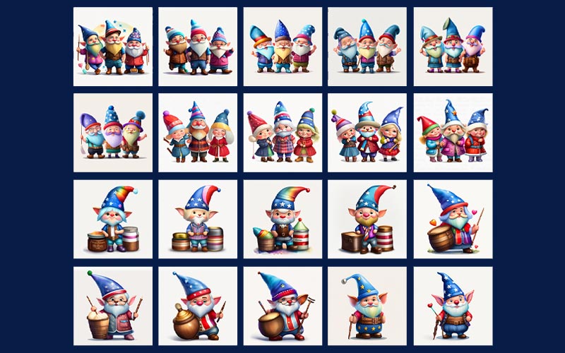 a collage of multiple gnomes pictures in a clipart photo