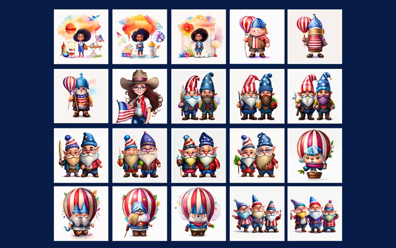 collage of gnomes and cute little girls pictures displaying the American flag