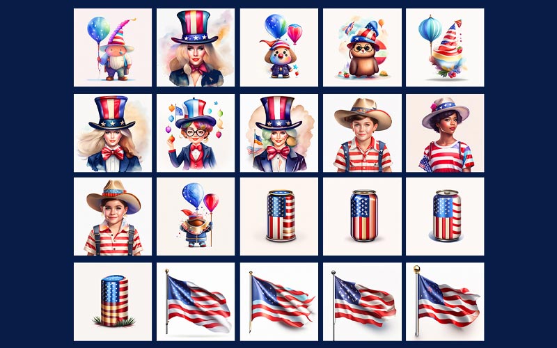 a collage with clipart featuring flags, cans with flag, a beautiful women and children in all American themed outfits