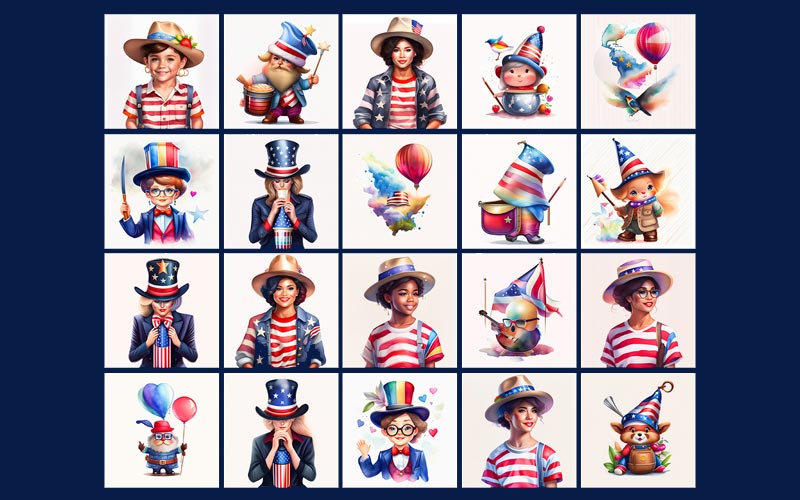 a collage with clipart featuring beautiful women and children and cute animals in all American flag outfits