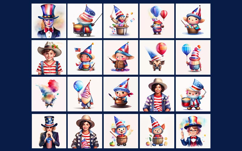 a collage of American themed clipart featuring beautiful women, girls and children holding colorful balloons and cute animals in all American themed outfits