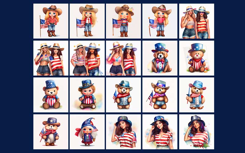 A collage of beautiful girls, teddy bears and animated characters in American themed clothes