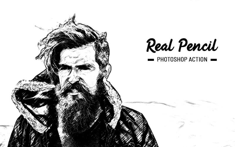 Real Pencil Sketch Photoshop Action of a Man in beard and long hair