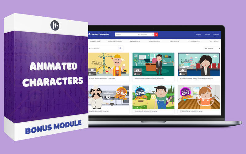 Animated characters preview displaying animated characters like construction worker, chef, office worker and more