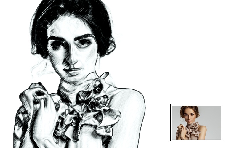 This image displays the before and after effect of the art sketch photoshop action - drawing action photoshop