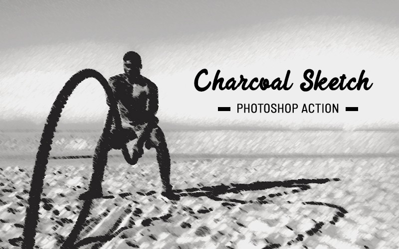 This image displays the charcoal sketch photoshop action in the bundle.